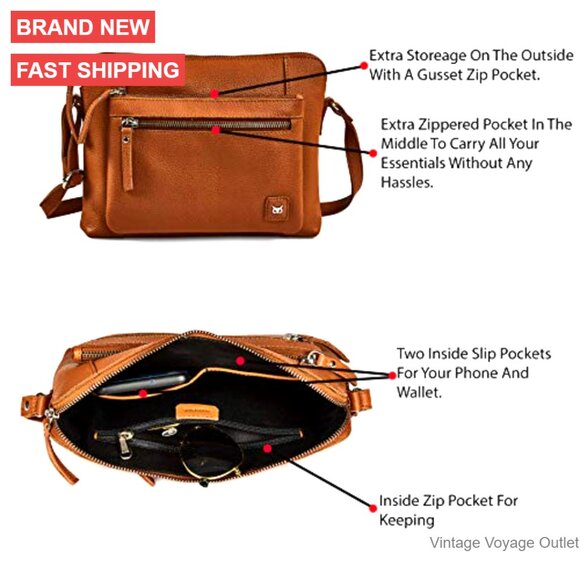 Small Genuine Leather Crossbody Bag Triple Zip Pockets Adjustable Strap - Picture 4 of 6